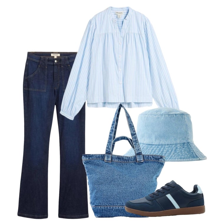 Outfit donna - Primavera fuori porta. Stile Romantica per Tutti i giorni. Abbinamento con sneakers, cappelli, bluse, shopping bag, jeans a zampa.