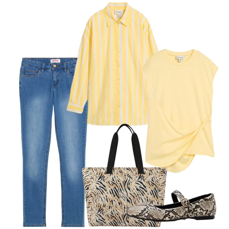 Outfit donna - Primavera. Stile Bon Ton per Tutti i giorni. Abbinamento con top, camicie, jeans skinny, ballerine, shopping bag.