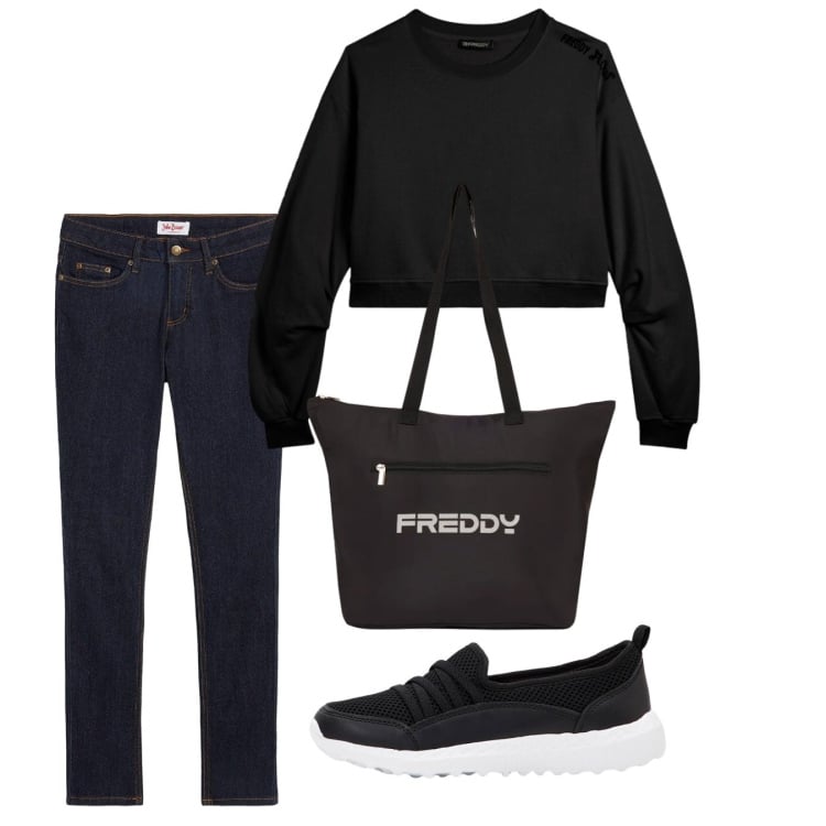 Outfit donna - Black. Stile Urban per Scuola/Università. Abbinamento con jeans skinny, sneakers, felpe, shopping bag.