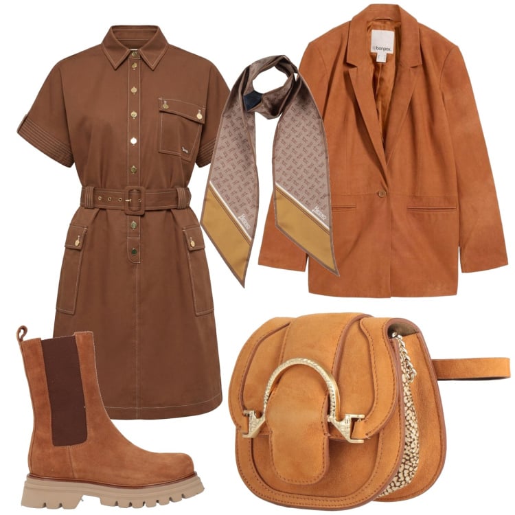 Outfit donna - Total look #2373840. Stile Casual chic per Tutti i giorni. Abbinamento con marsupi, sciarpe, stivaletti, blazer, vestiti chemisier.