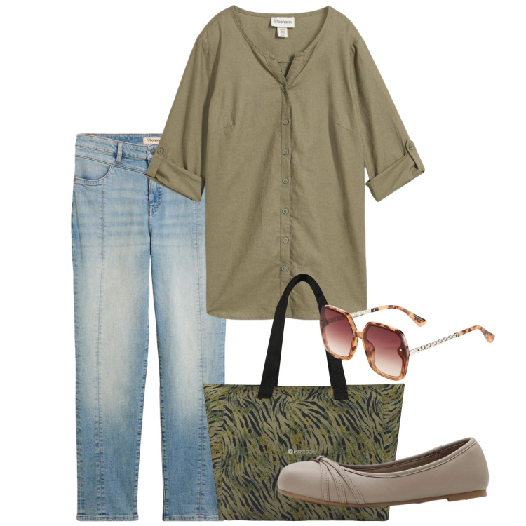 Outfit donna - Primavera. Stile Bon Ton per Tutti i giorni. Abbinamento con bluse, occhiali da sole, jeans dritti, ballerine, shopping bag.