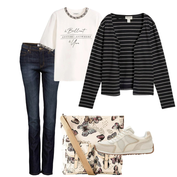 Outfit donna - Marzo. Stile Bon Ton per Tutti i giorni. Abbinamento con t-shirt, cardigans, jeans mom, borse a tracolla, sneakers alte.