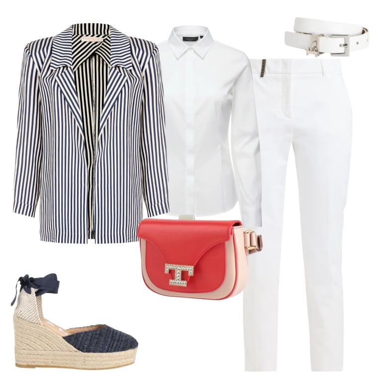 Outfit donna - Eleganza disinvolta. Stile Casual chic per Tutti i giorni. Abbinamento con marsupi, espadrillas, pantaloni, camicie, blazer, cinture.