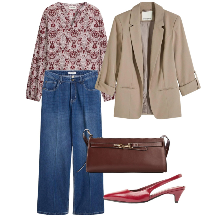 Outfit donna - Primavera. Stile Chic per Tutti i giorni. Abbinamento con bluse, jeans, décolleté, blazer, borse a tracolla.