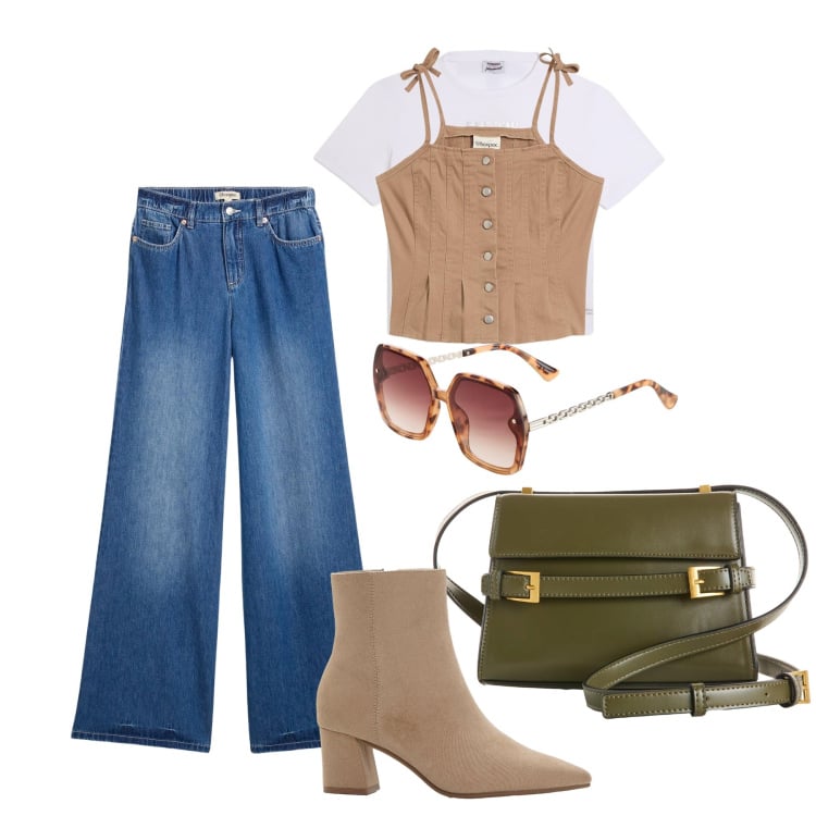 Outfit donna - Aprile. Stile Trendy per Tutti i giorni. Abbinamento con jeans, top, stivaletti, borse a tracolla, occhiali da sole, t-shirt.