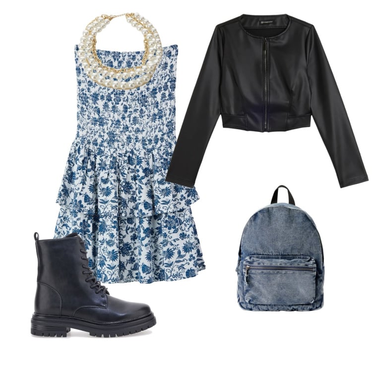 Outfit donna - Viva il sole ️. Stile Rock per Tutti i giorni. Abbinamento con vestiti corti, zaini, collane, giacche, anfibi.