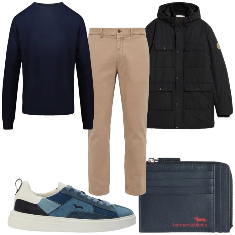 Outfit uomo - Total look #2373862. Stile Casual per Tutti i giorni. Abbinamento con parka, portamonete, sneakers, pantaloni chino, maglieria.