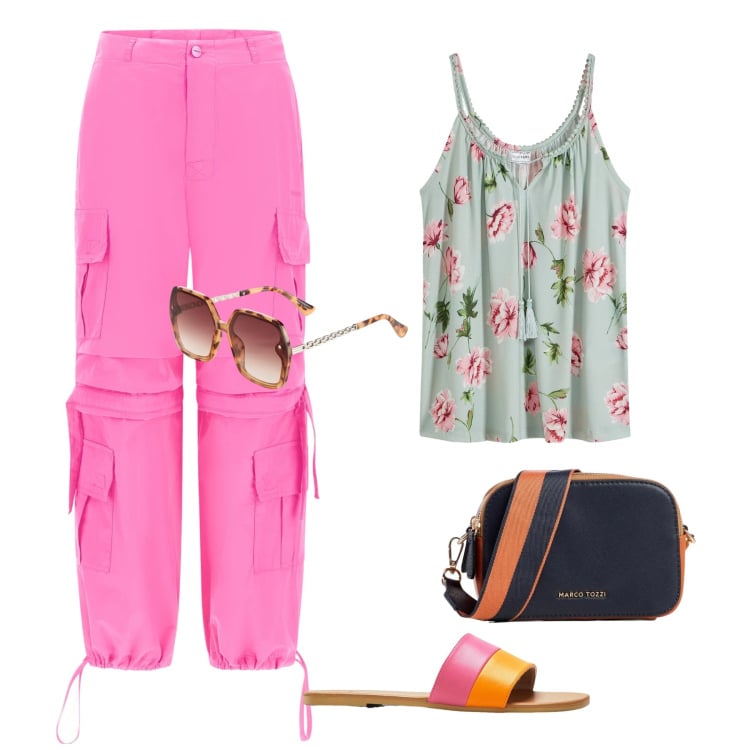 Outfit donna - Rose rosa. Stile Casual per Tutti i giorni. Abbinamento con top, ciabatte, occhiali da sole, borse a tracolla, pantaloni cargo.