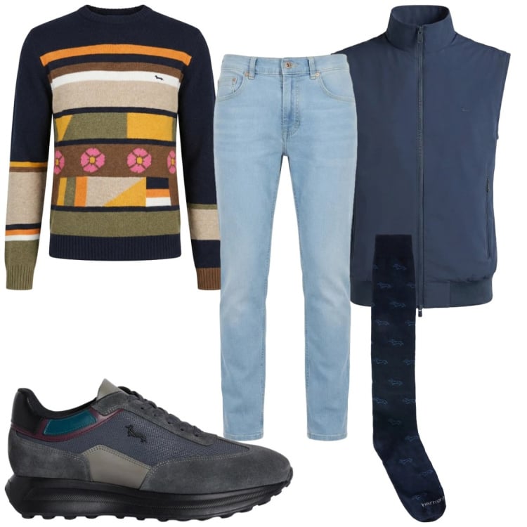 Outfit uomo - Total look #2373888. Stile Casual per Tutti i giorni. Abbinamento con calzini, jeans, gilet, sneakers, pullovers.