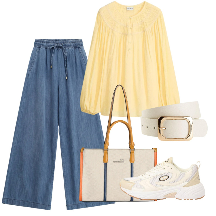Outfit donna - Aprile. Stile Bon Ton per Tutti i giorni. Abbinamento con bluse, cinture, sneakers, borse tote, jeans.