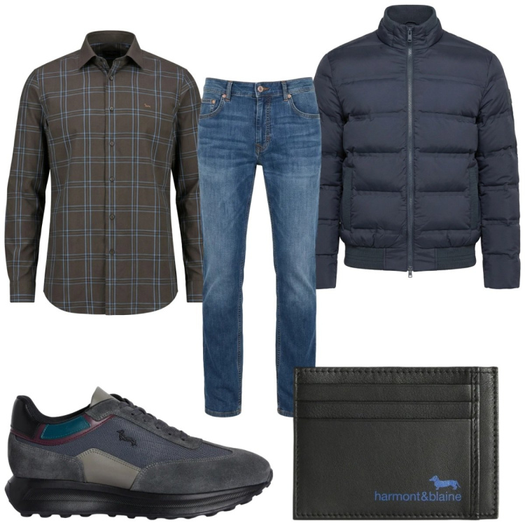 Outfit uomo - Total look #2373895. Stile Casual per Tutti i giorni. Abbinamento con portafogli, jeans, bomber, sneakers, camicie.