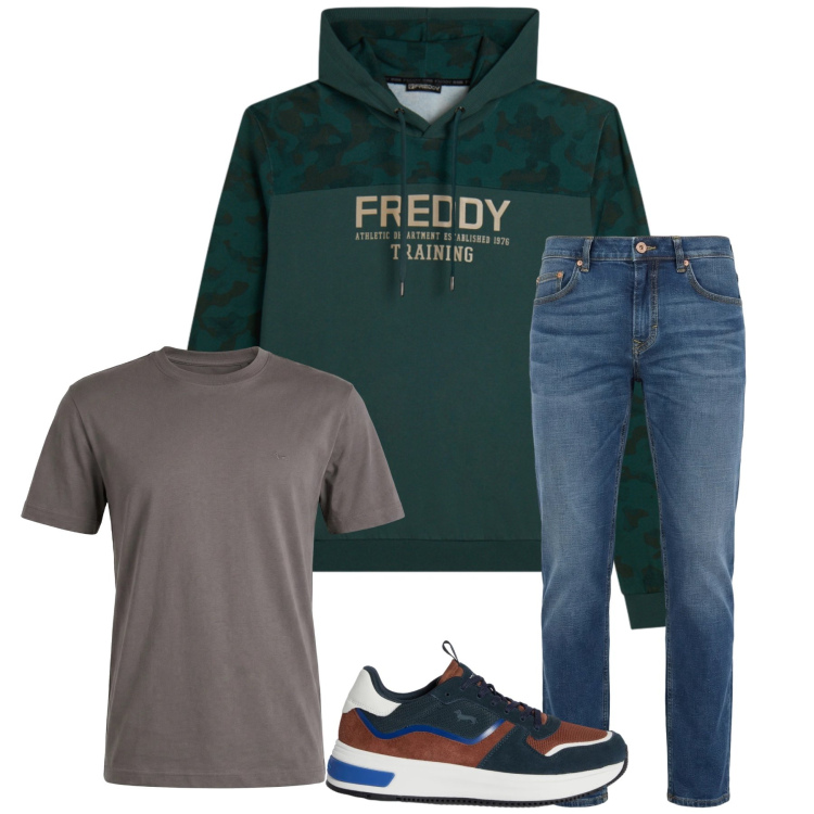 Outfit uomo - Total look #2373904. Stile Casual per Tutti i giorni. Abbinamento con jeans, sneakers, t-shirt, felpe con cappuccio.