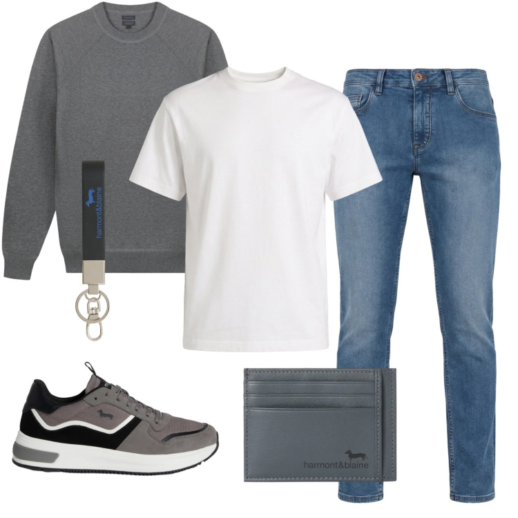 Outfit uomo - Grey core. Stile Casual per Tutti i giorni. Abbinamento con t-shirt, portachiavi, jeans, sneakers, portafogli, maglieria.