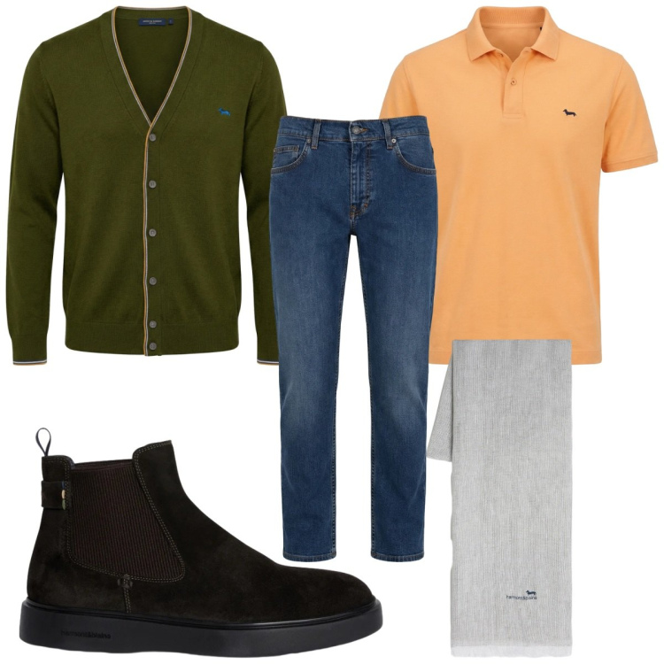Outfit uomo - Total look #2373910. Stile Trendy per Tutti i giorni. Abbinamento con jeans, sciarpe, polo, cardigans, stivali e stivaletti.