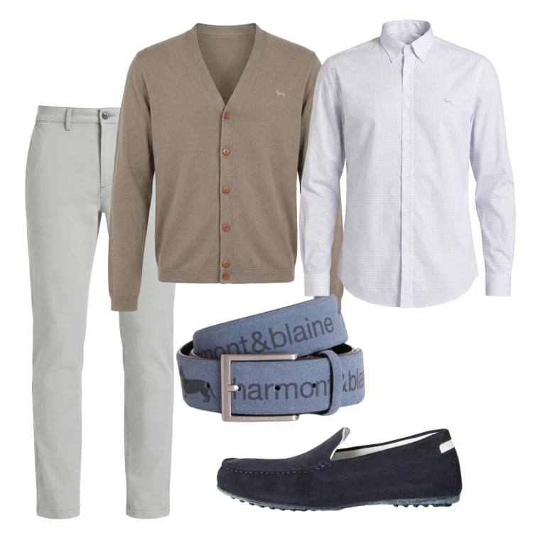 Outfit uomo - Marzo. Stile Casual per Tutti i giorni. Abbinamento con scarpe stringate, cinture, pantaloni chino, camicie, cardigans.