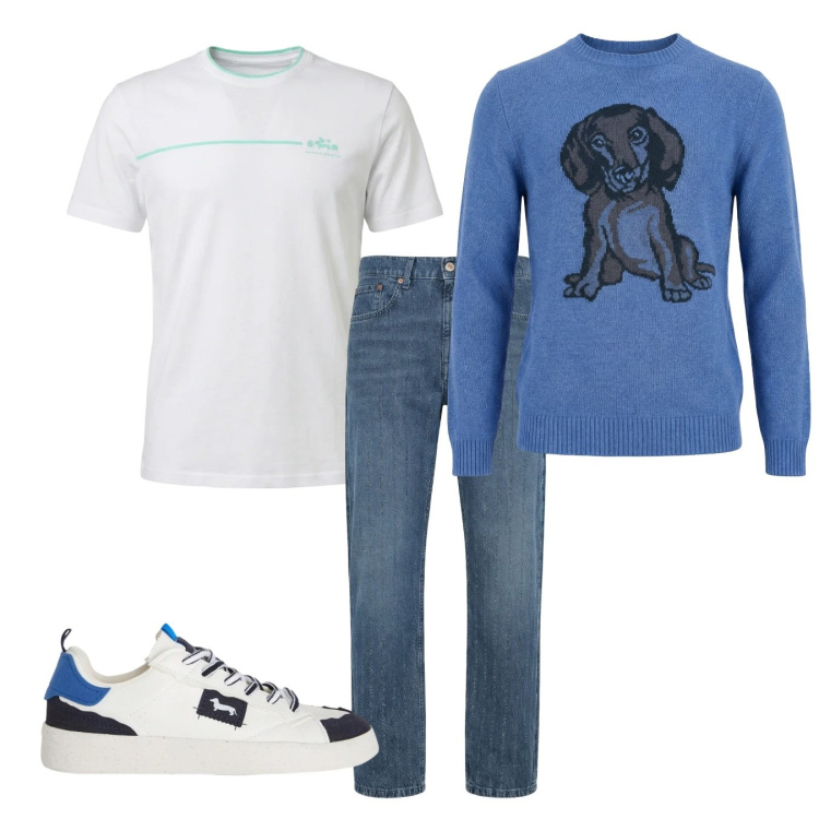 Outfit uomo - Total look #2373931. Stile Casual per Tutti i giorni. Abbinamento con sneakers, t-shirt, jeans, maglieria.