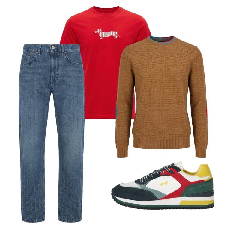 Outfit uomo - Fresco. Stile Casual per Tutti i giorni. Abbinamento con sneakers, t-shirt, jeans, maglieria.