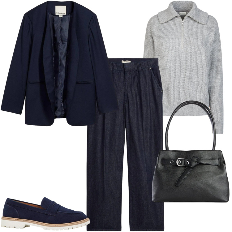 Outfit donna - Lunedì basic. Stile Casual per Ufficio. Abbinamento con borse a mano, jeans dritti, mocassini, blazer, maglieria.