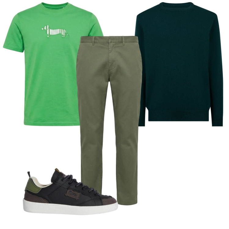 Outfit uomo - Total look #2373953. Stile Casual per Tutti i giorni. Abbinamento con t-shirt, pantaloni cargo, sneakers, maglieria.