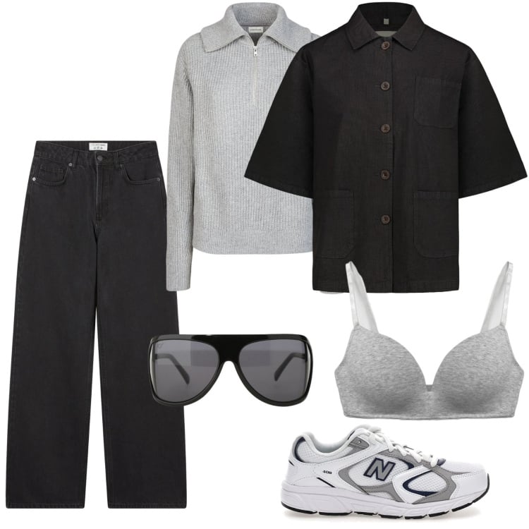 Outfit donna - Jeans wide leg - Nero denim. Stile Basic per Scuola/Università. Abbinamento con occhiali da sole, sneakers, maglieria, blazer, jeans, reggiseni.