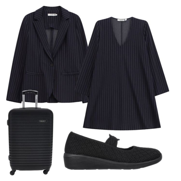 Outfit donna - Abito fluido. Stile Preppy per Ufficio. Abbinamento con blazer, vestiti corti, ballerine, valigie.