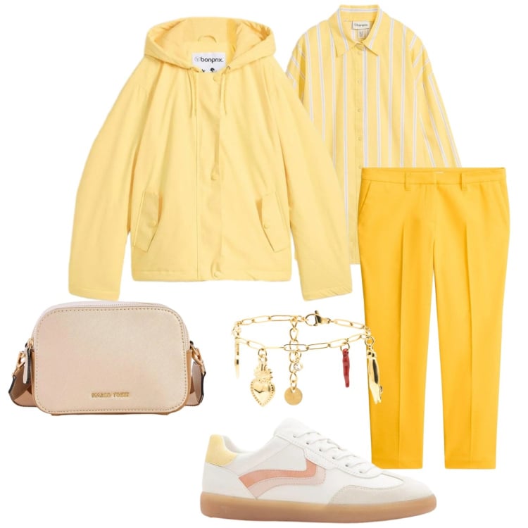 Outfit donna - Pasquetta in giallo. Stile Casual chic per Tutti i giorni. Abbinamento con sneakers, camicie, pantaloni, borse a tracolla, blazer, braccialetti.