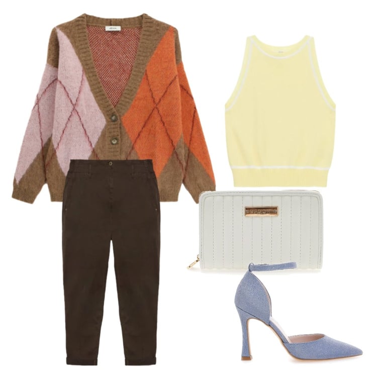 Outfit donna - Spring in Sale. Stile Trendy per Tutti i giorni. Abbinamento con top, cardigans, pantaloni, portafogli, décolleté.