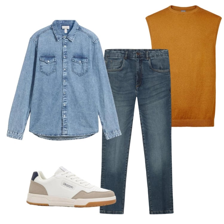 Outfit uomo - Total look #2373966. Stile Casual per Tutti i giorni. Abbinamento con camicie, sneakers, gilet, jeans.