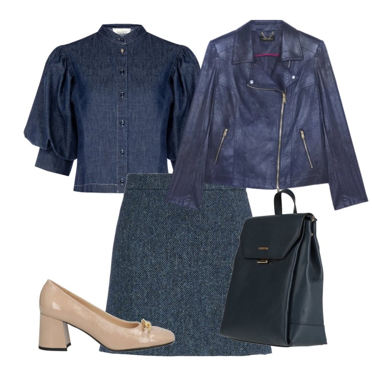Outfit donna - Bluette. Stile Chic per Tutti i giorni. Abbinamento con minigonne, zaini, décolleté, blazer, camicie a manica corta.