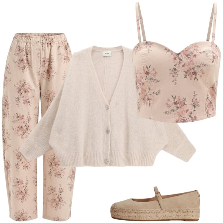 Outfit donna - Un tocco di romanticismo. Stile Romantica per Tutti i giorni. Abbinamento con pantaloni, canottiere, cardigans, espadrillas.