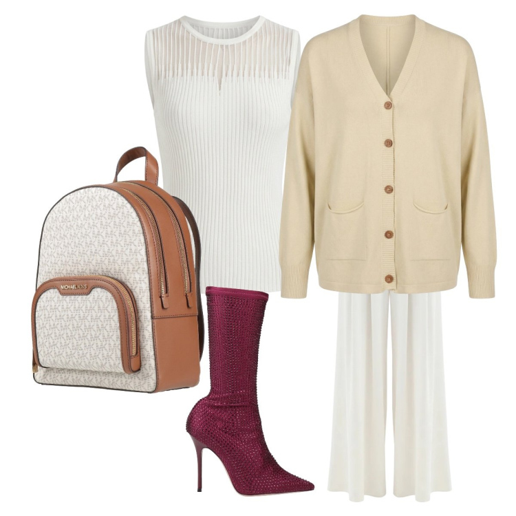 Outfit donna - Pasqua. Stile Bon Ton per Cerimonia. Abbinamento con stivali, zaini, cardigans, pantaloni a palazzo, canottiere.