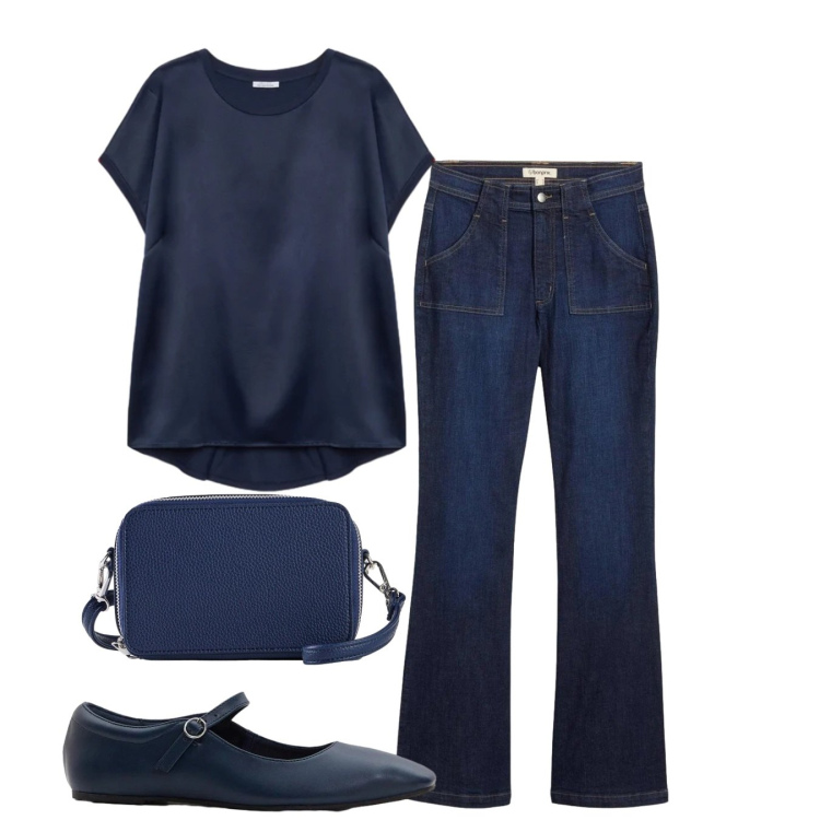 Outfit donna - Blu totale. Stile Bon Ton per Tutti i giorni. Abbinamento con ballerine, borse a tracolla, jeans a zampa, bluse.
