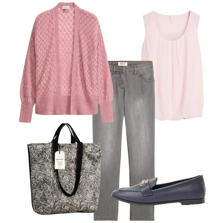 Outfit donna - Bon ton da pomeriggio. Stile Bon Ton per Tutti i giorni. Abbinamento con cardigans, jeans dritti, top, mocassini, borse tote.