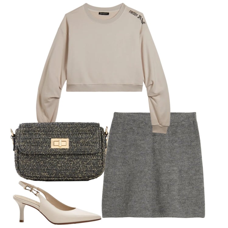 Outfit donna - Aria chic. Stile Chic per Tutti i giorni. Abbinamento con minigonne, décolleté, borse a tracolla, felpe.