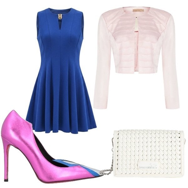 Outfit donna - week end primavera. Stile Glamour per Serata fuori. Abbinamento con décolleté, bolero, vestiti corti, borse a tracolla.