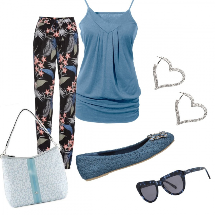 Outfit donna - In ufficio d estate. Stile Trendy per Ufficio. Abbinamento con top, pantaloni, ballerine con strass senza tacco con punta tonda tinta unita, occhiali da sole fantasia montatura in plastica, borsa blu, orecchini con strass.