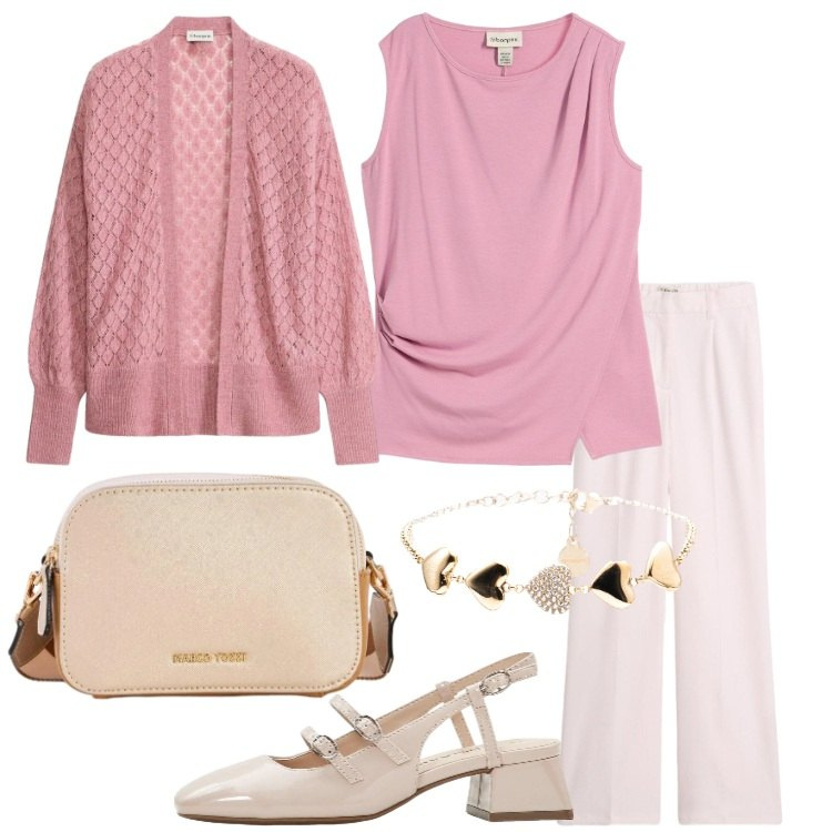 Outfit donna - Stile romantico primaverile Curvy Style. Stile Romantica per Serata fuori. Abbinamento con top, décolleté, cardigans, borse a tracolla, pantaloni, braccialetti.