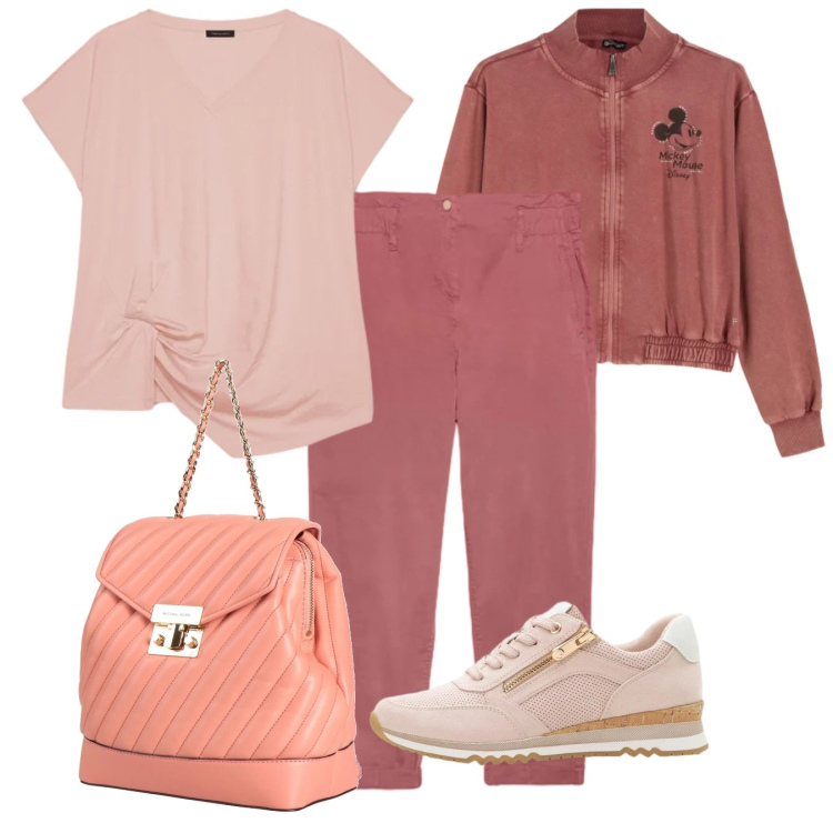 Outfit donna - Rosa pesca. Stile Basic per Tutti i giorni. Abbinamento con zaini, sneakers, t-shirt, pantaloni, felpe.