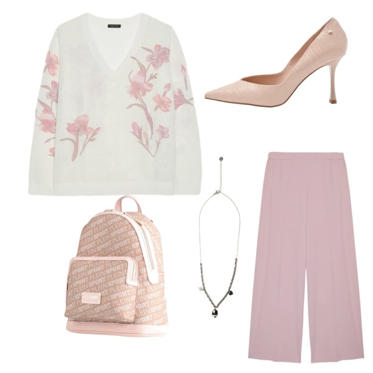 Outfit donna - Total look #2374013. Stile Casual chic per Ufficio. Abbinamento con zaini, maglieria, pantaloni, décolleté, ciondoli.