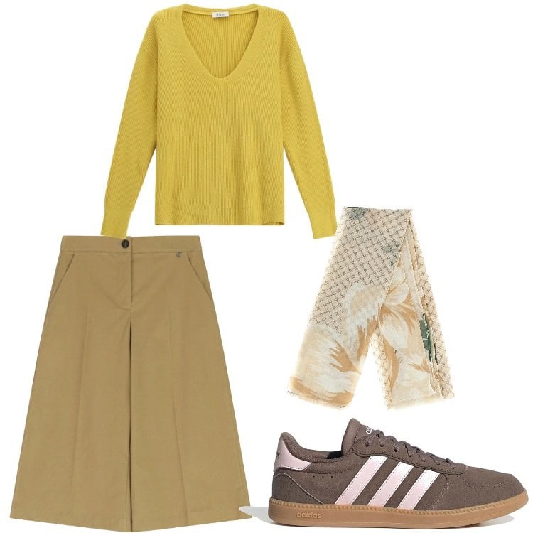 Outfit donna - Senape. Stile Casual per Tutti i giorni. Abbinamento con maglieria, pantaloni, sneakers, foulard.