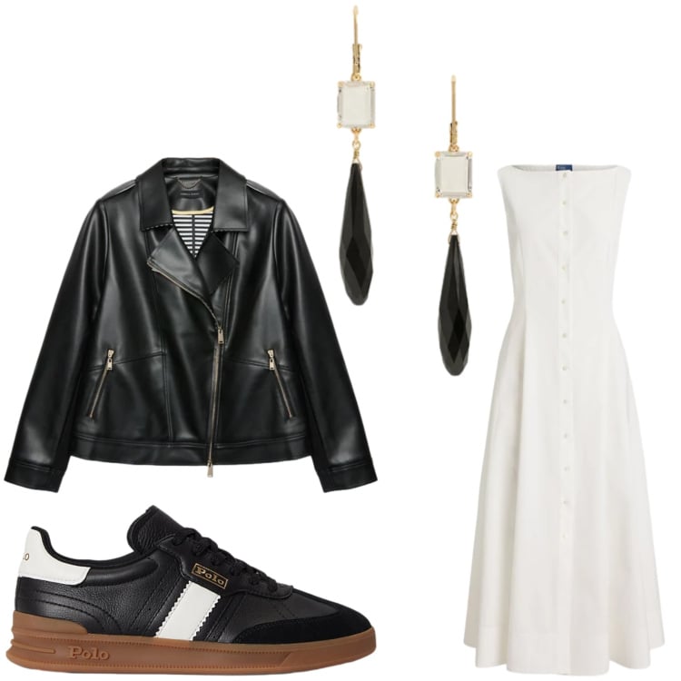 Outfit donna - Quasi rock. Stile Rock per Serata fuori. Abbinamento con blazer, sneakers, orecchini, vestiti.