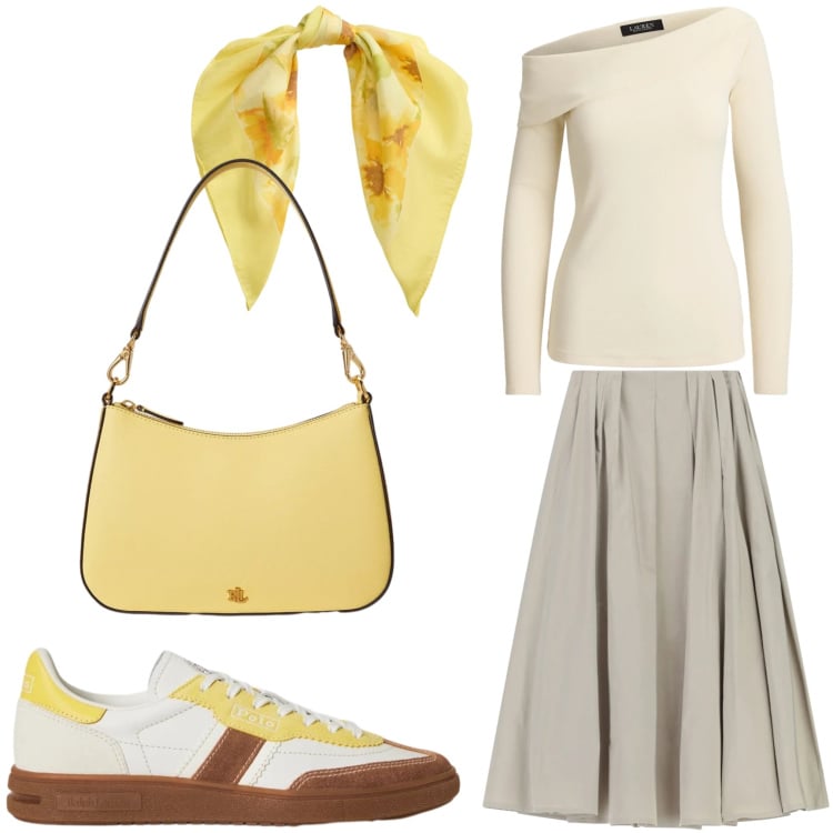Outfit donna - Signora in giallo. Stile Sporty chic per Tutti i giorni. Abbinamento con gonne lunghe, top, borse a spalla, sneakers, foulard.