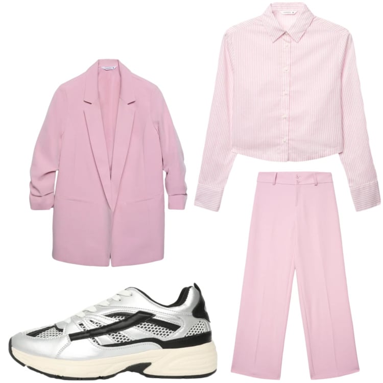 Outfit donna - Sporty rosa. Stile Casual per Tutti i giorni. Abbinamento con blazer, sneakers, pantaloni, camicie.