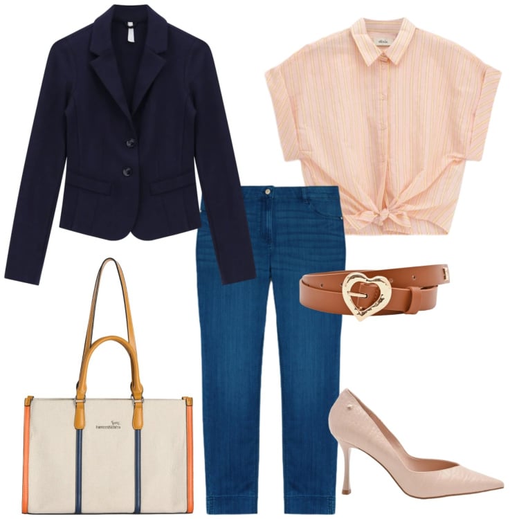 Outfit donna - Basic e femminile. Stile Basic per Tutti i giorni. Abbinamento con jeans skinny, borse tote, blazer, décolleté, cinture, camicie a manica corta.