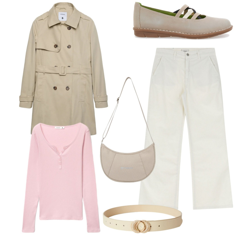 Outfit donna - Look romantico e di carattere. Stile Romantica per Tutti i giorni. Abbinamento con jeans, borse a spalla, ballerine, cinture, trench, t-shirt.