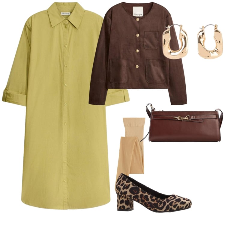 Outfit donna - L\'abito camicia. per Tutti i giorni. Abbinamento con vestiti chemisier, collant, orecchini, décolleté, borse a tracolla, blazer.