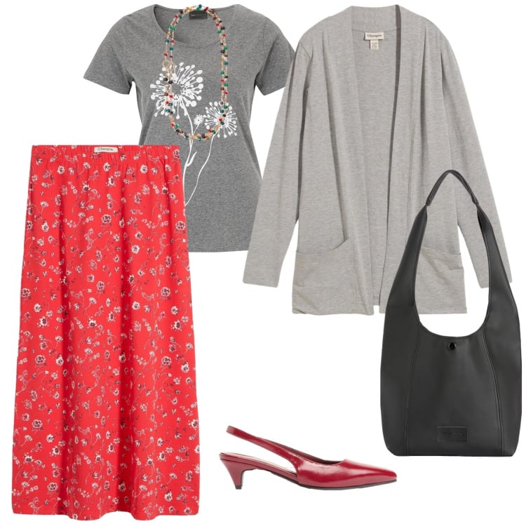 Outfit donna - In città. per Tutti i giorni. Abbinamento con t-shirt, cardigans, décolleté, gonne longuette, collane, borse a spalla.