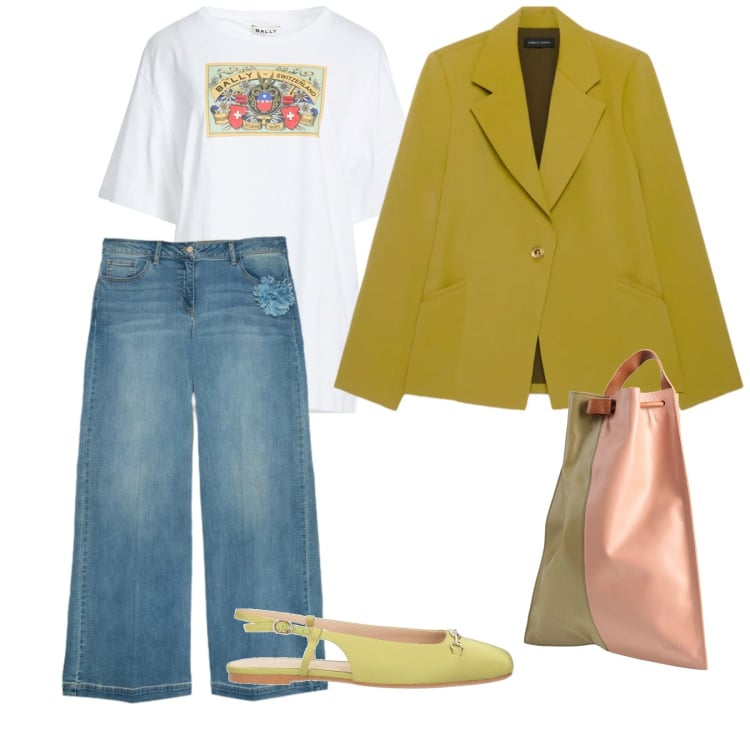 Outfit donna - Curvy style. per Ufficio. Abbinamento con t-shirt, ballerine, zaini, jeans, blazer.