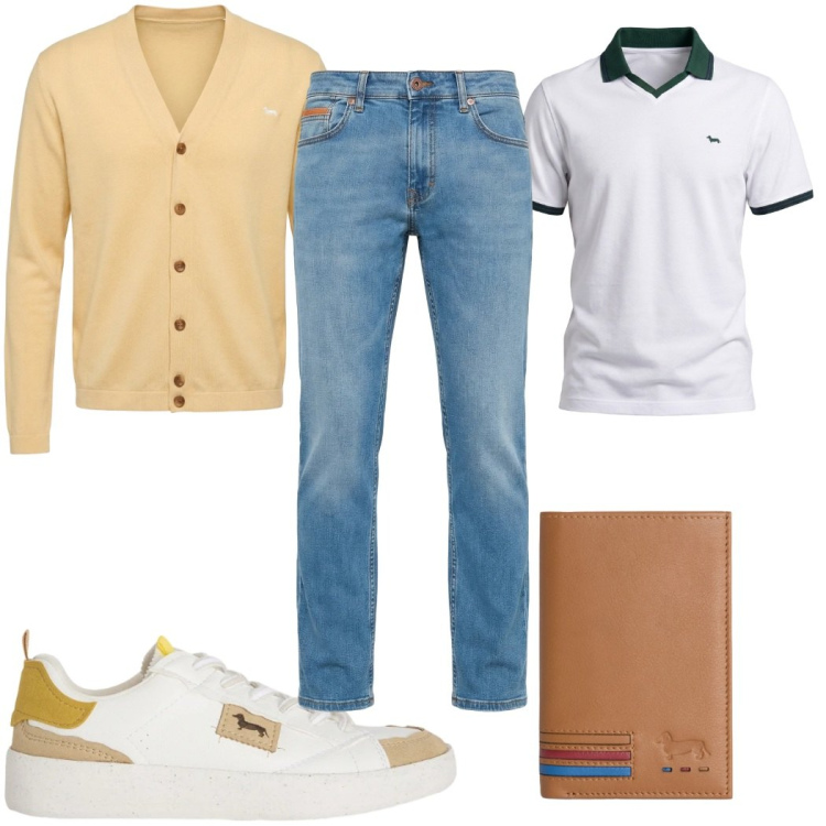 Outfit uomo - Total look #2374077. Stile Trendy per Tutti i giorni. Abbinamento con sneakers, polo, portafogli, jeans, cardigans.