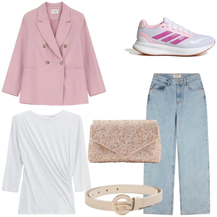 Outfit donna - Spring outfit. Stile Casual chic per Tutti i giorni. Abbinamento con top, pochette, blazer, jeans, cinture, sneakers.